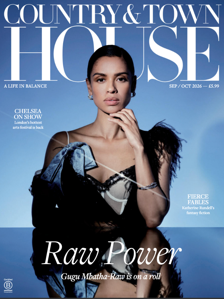 Cover of Country & Town House magazine featuring model Gugu Mbatha-Raw in a black and blue feathered dress against a blue background, with the headline 'Raw Power'.
