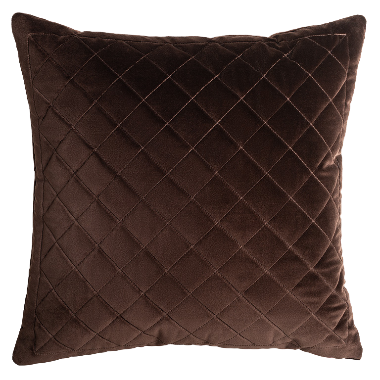 Chocolate brown quilted velvet cushion with diamond stitching, soft luxury velvet fabric and timeless design