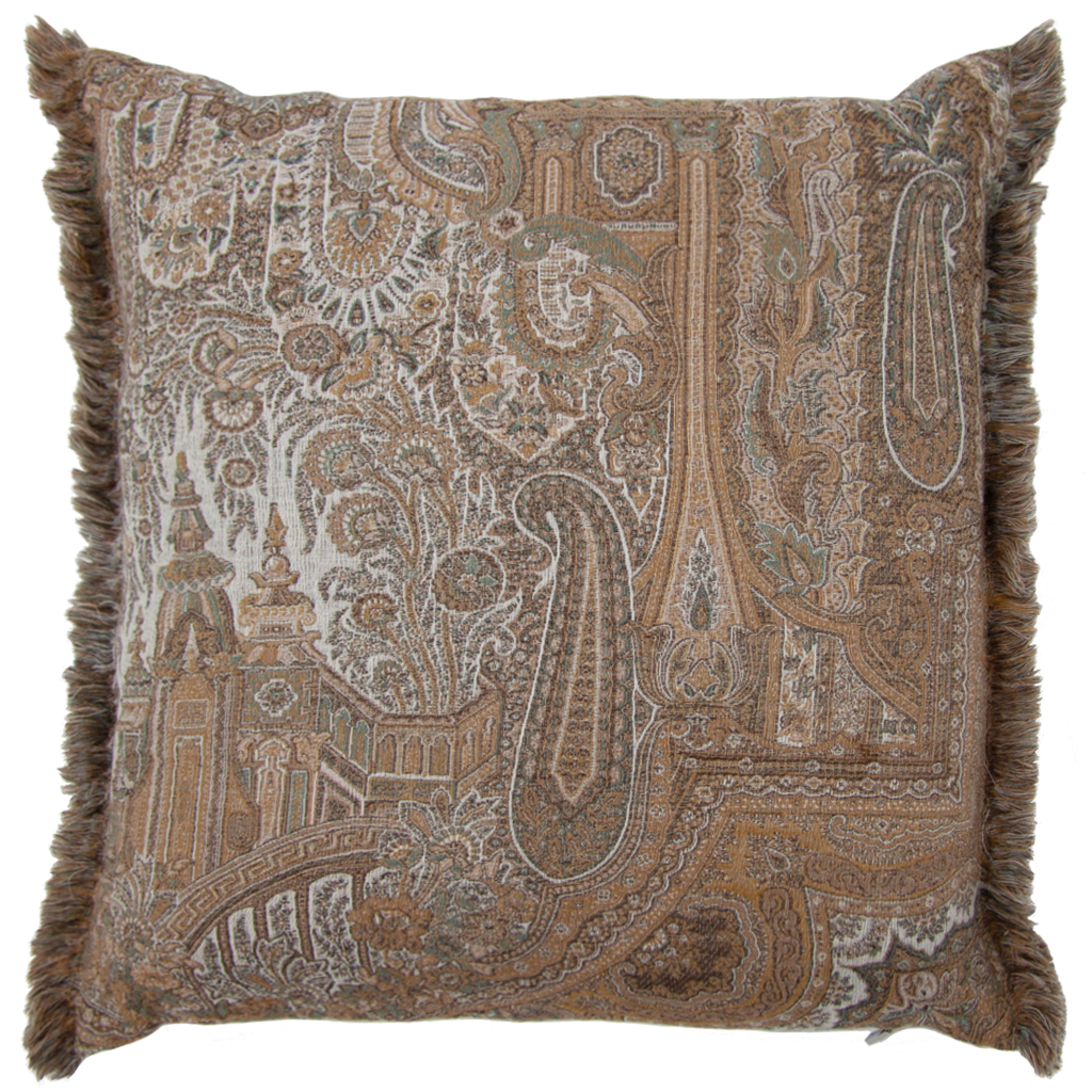 Decorative cushion with intricate paisley pattern and fringes on a white background