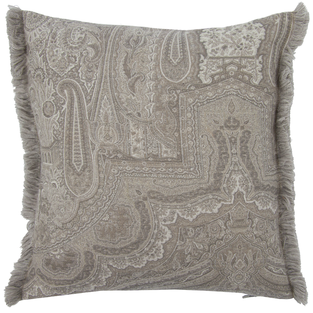 Decorative cushion with paisley pattern and fringes on a white background