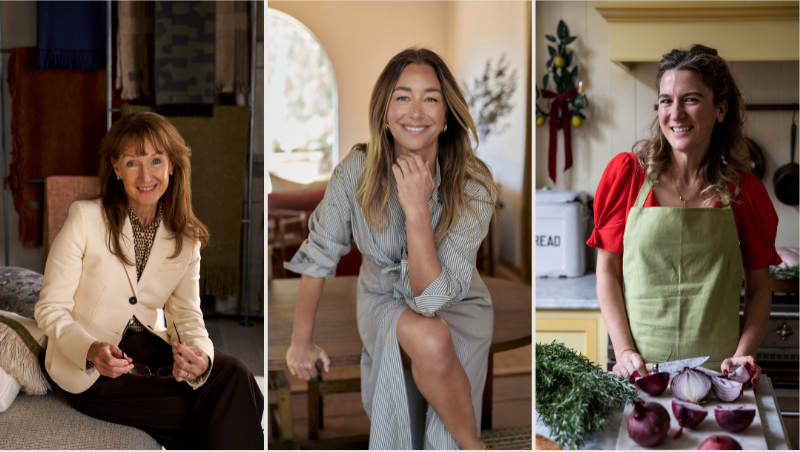 Three women in different settings: a living room, a kitchen, and a home office.
