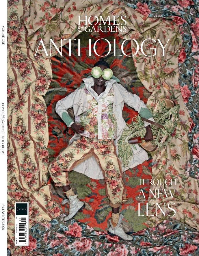 Homes & Gardens Anthology magazine cover featuring a stylized illustrated figure in a white jacket and floral pants, surrounded by ornate botanical patterns and large title text.