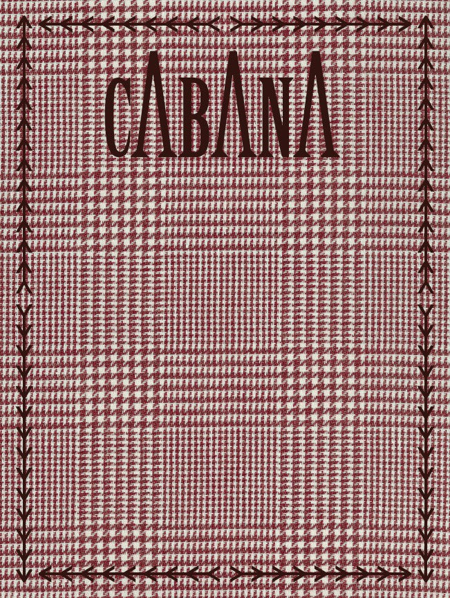 A square fabric swatch featuring a red and white houndstooth pattern with a stitched border and the word 'CABANA' printed in dark red at the top.