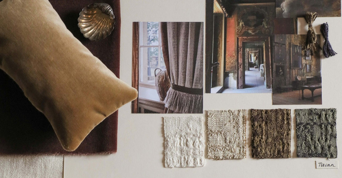 A styled interior design board featuring a large tan velvet pillow, a dark burgundy rug, a shell decor piece, four fabric swatches in cream, taupe, brown, and green, and three architectural interior photos on a white background.