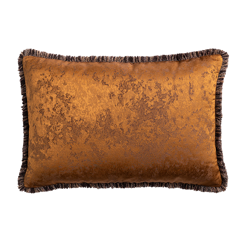 Luxury bronze velvet cushion with distressed metallic finish, textured upholstery fabric and fringed trim