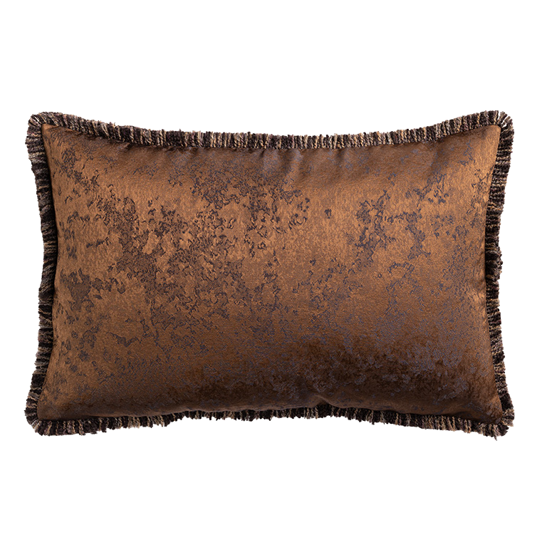 Bronze velvet decorative cushion with textured metallic finish, fringed trim and luxury upholstery fabric