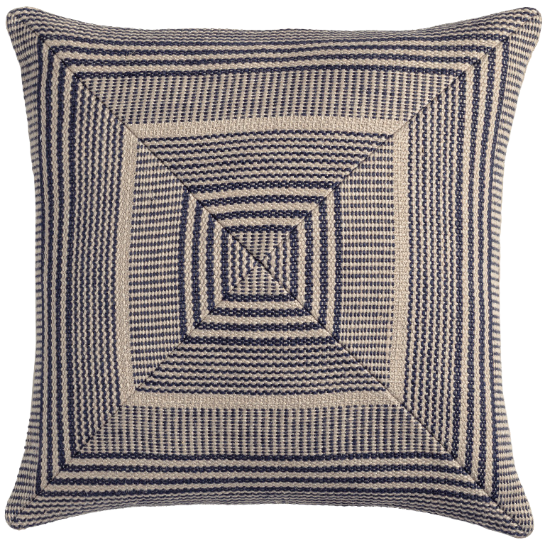 Blue and natural woven cushion with geometric square pattern and textured artisanal design