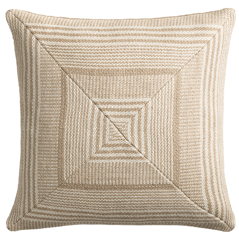 Natural woven decorative cushion with geometric square pattern, textured fabric and artisan craftsmanship