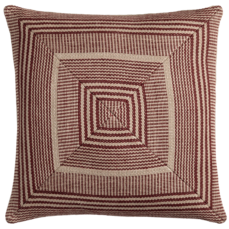 Rust red woven decorative cushion with geometric square pattern, textured fabric and artisan craftsmanship
