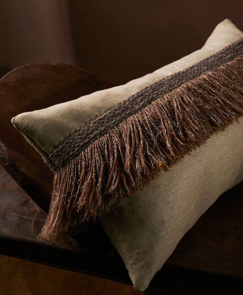 Jungle Silk Cushion with Textured Fringe - Sugarcane