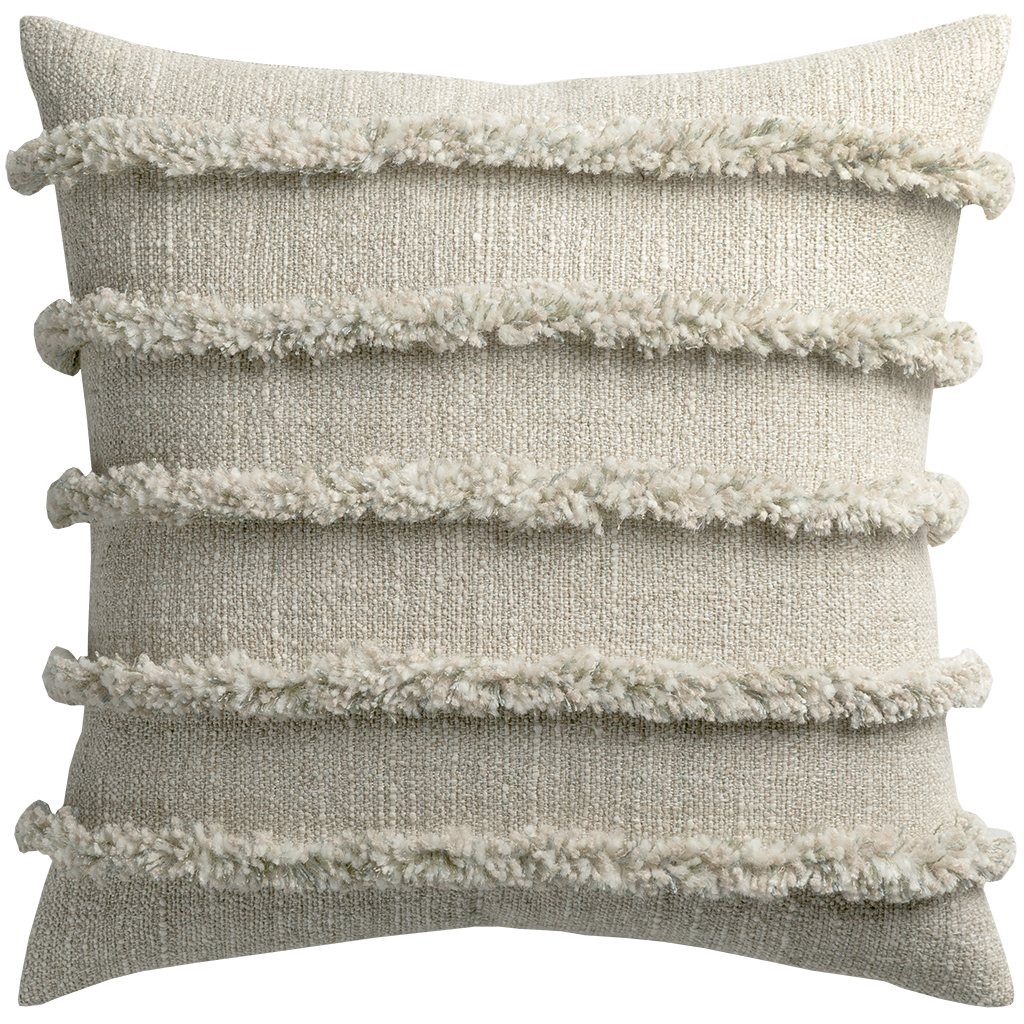 Textured cushion with layered fringe on a white background