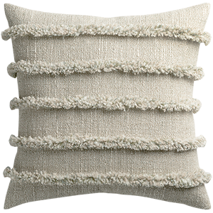 Beige textured cushion with ruffled edges on a white background