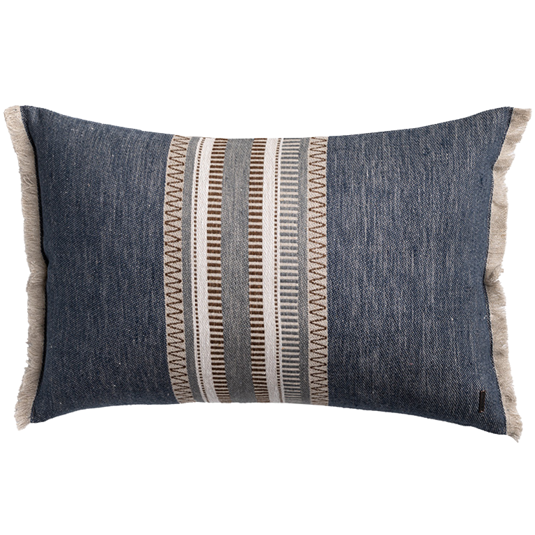 Blue linen decorative cushion with embroidered stripe detail, textured woven fabric and natural linen trim
