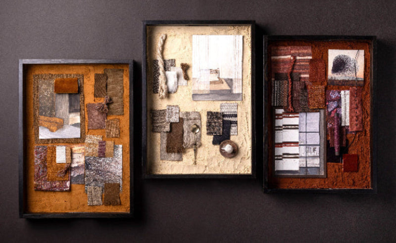 A collection of three framed interior design concept boards displayed side by side. Each board combines fabric swatches, textured materials, and inspirational imagery in warm earthy and neutral tones.