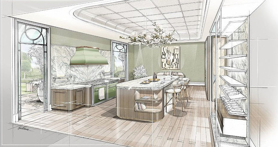 Design rendering of a modern kitchen with island and seating area